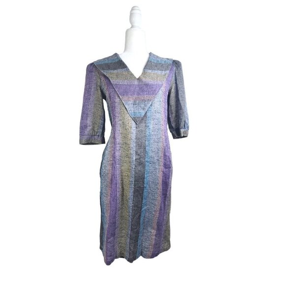 Vintage Dresses & Skirts - Vintage 70s 80s Trifles V Neck Blue Green Stripe Puff Sleeve Midi Dress